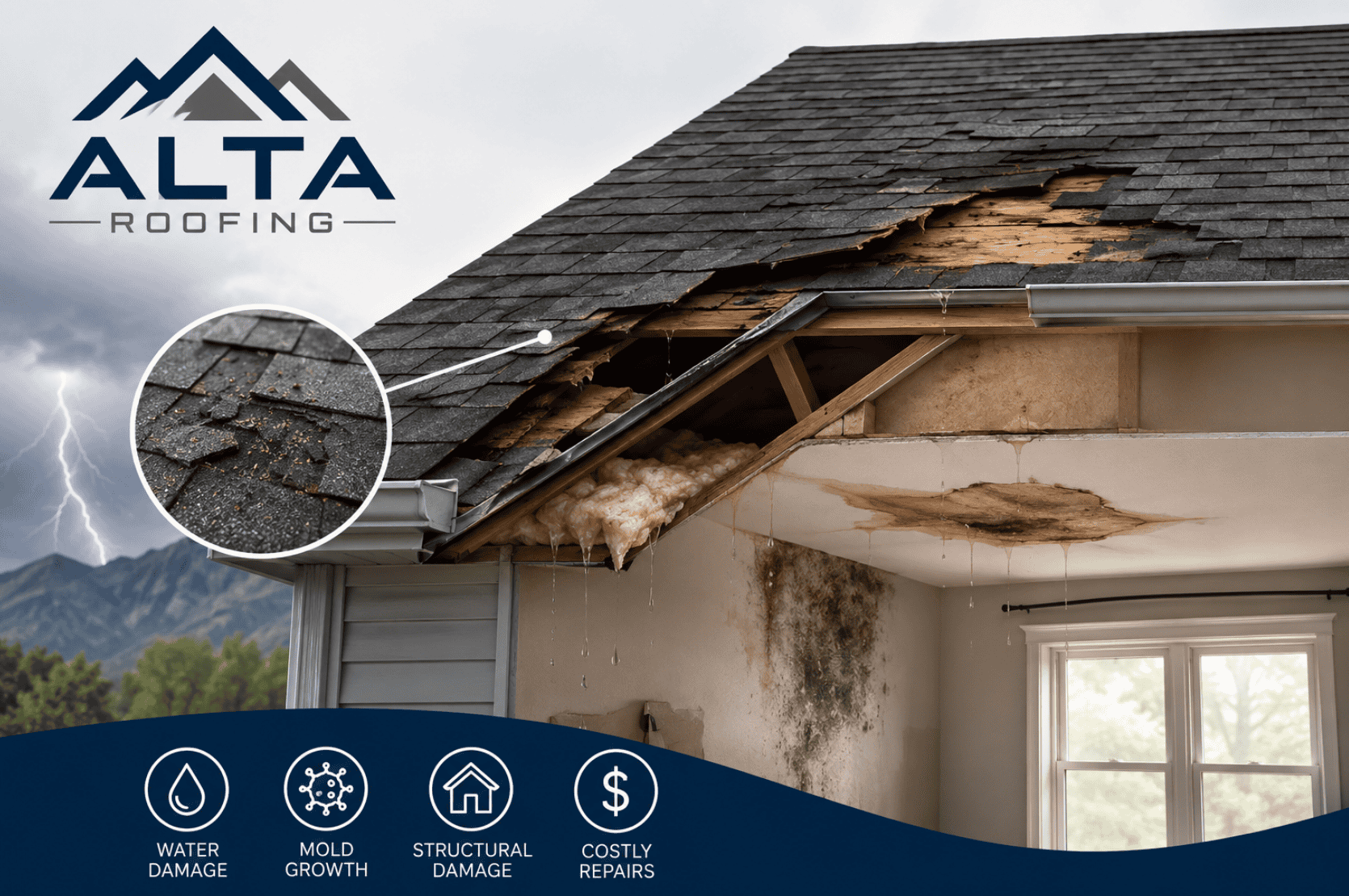 Utah home showing signs of roof damage including missing and damaged shingles after severe weather, illustrating the hidden dangers of delaying roof repairs and the importance of professional roof inspections from Alta Roofing